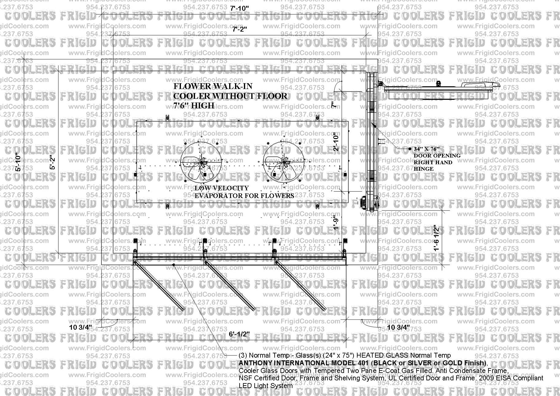 Dimensioned approval drawing for a flower walk-in cooler showing plan view and door specification