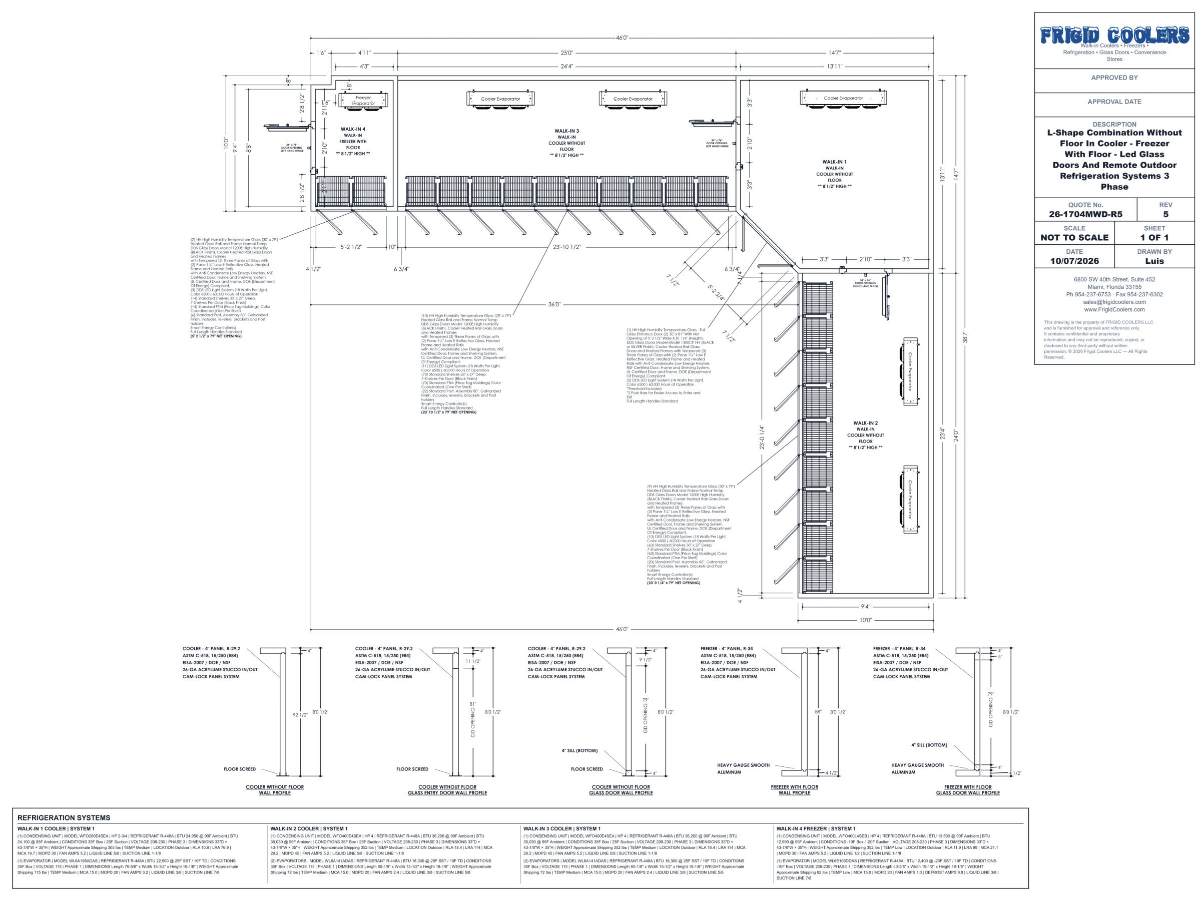 Dimensioned approval drawing of an L-shape combination walk-in with three coolers and a freezer, LED glass door runs, an entrance door and four refrigeration systems