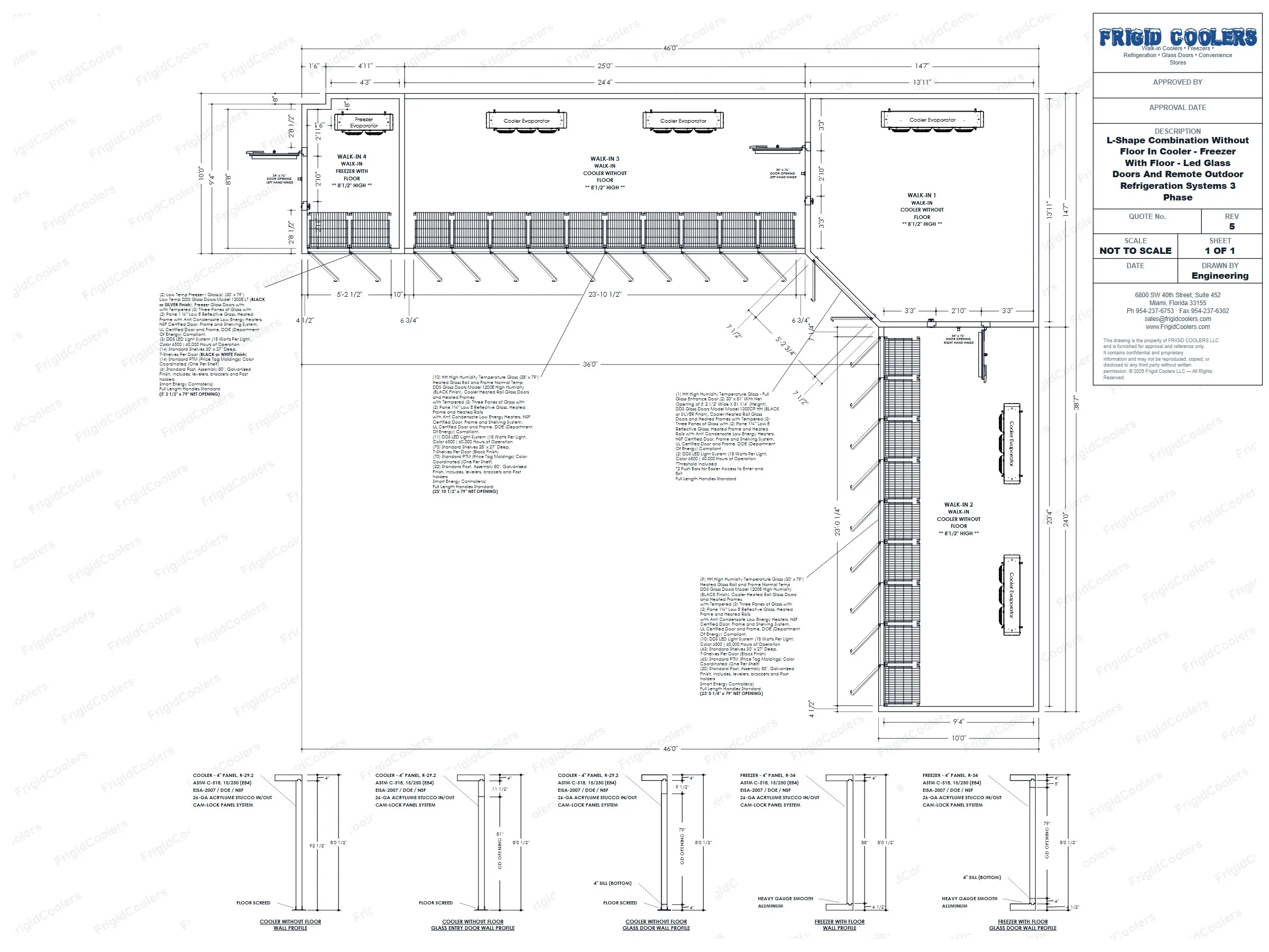 Dimensioned approval drawing of an L-shape combination walk-in with three coolers and a freezer, LED glass door runs, an entrance door and four refrigeration systems