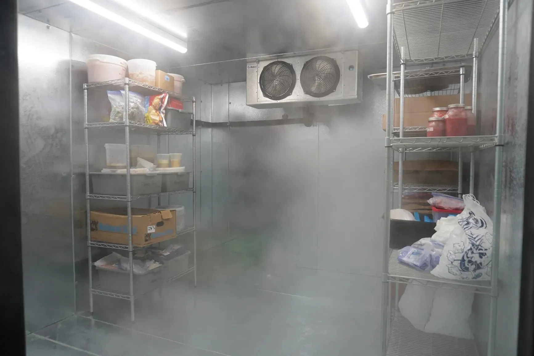 Inside a walk-in freezer filled with cold fog: galvanized panel walls, a two-fan evaporator on the back wall and wire shelving stocked with product