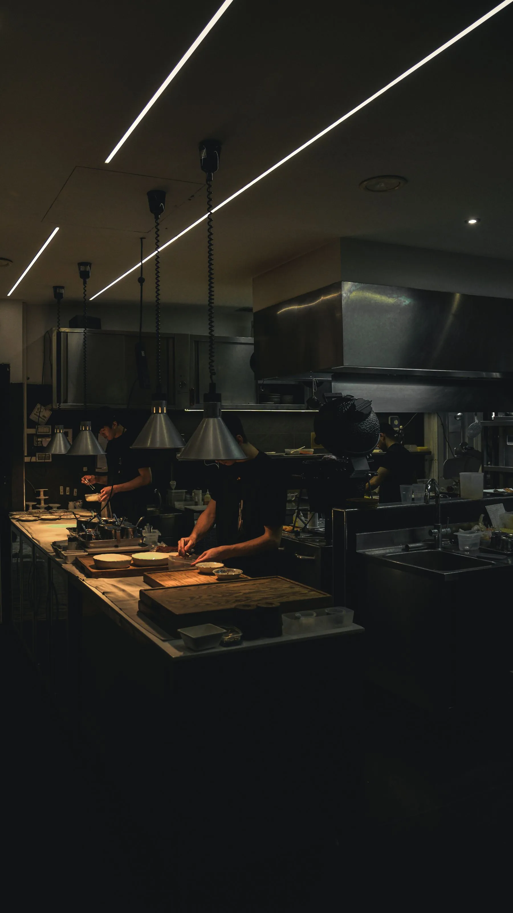 Chefs working the line in a dimly lit professional restaurant kitchen with stainless steel hood and heat lamps