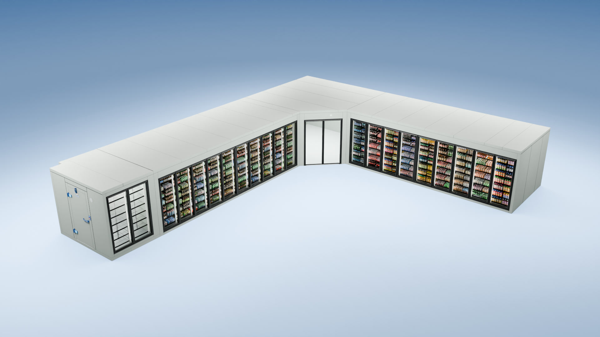 3D view of an L-shape of glass door walk-in coolers and a freezer