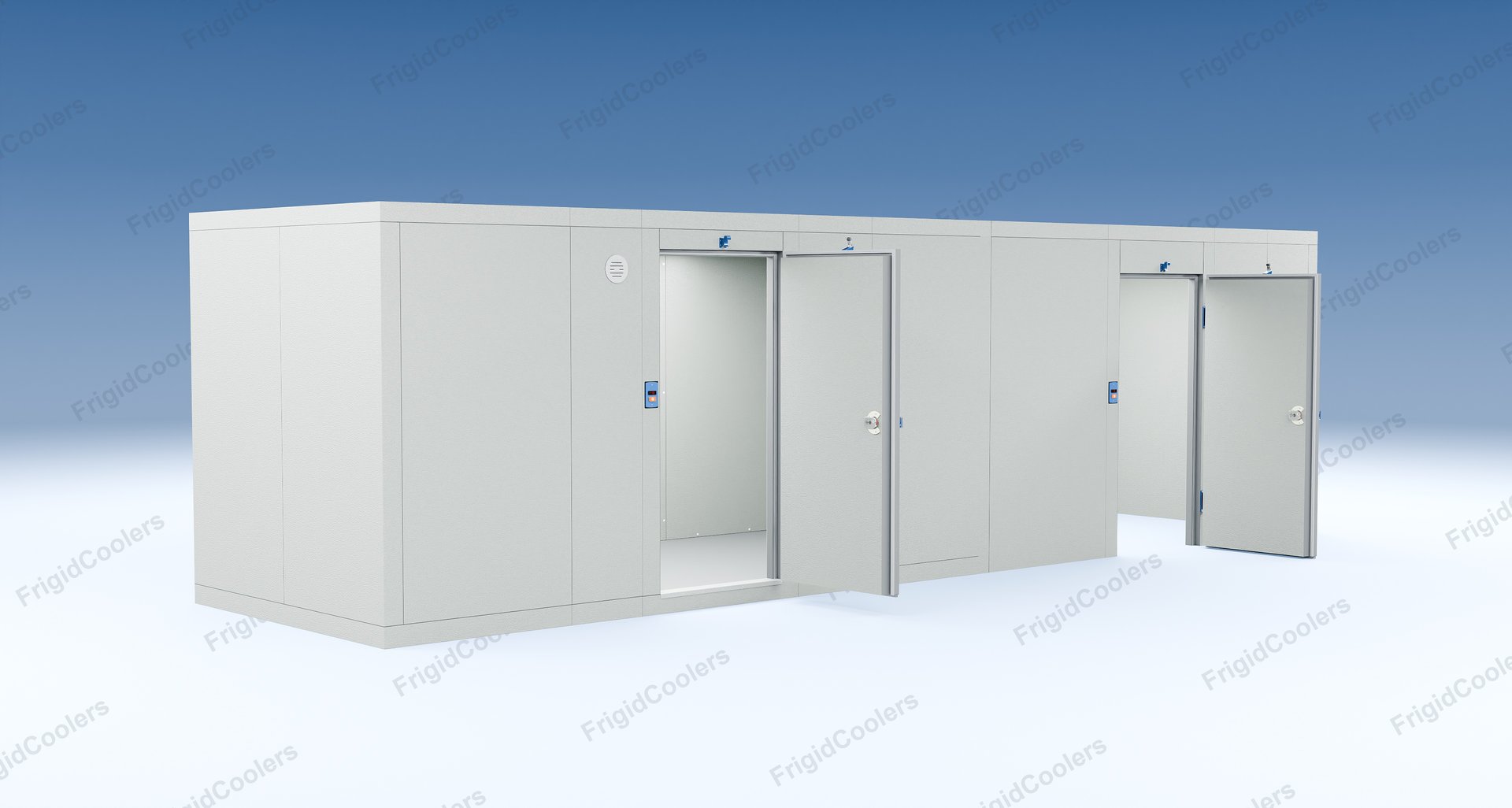 3D view of a cooler and freezer combination with both insulated doors open
