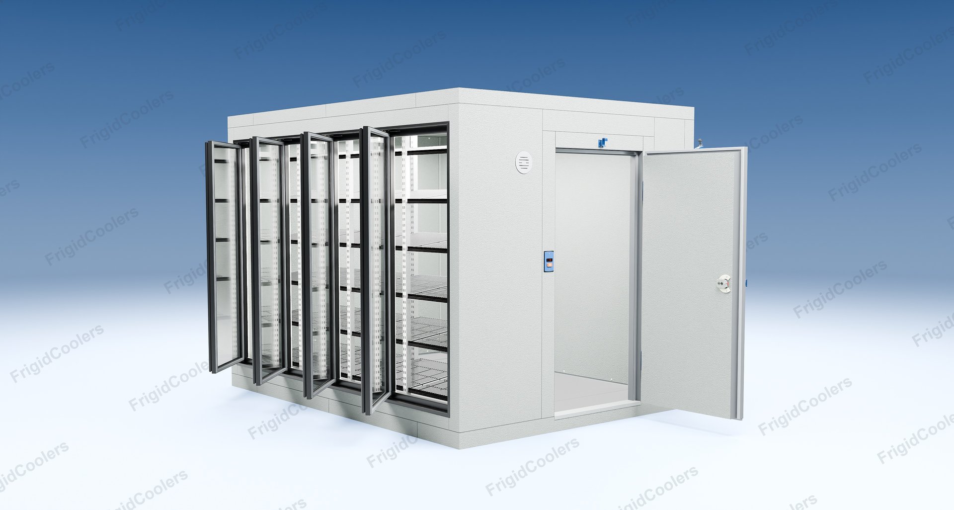 3D view of an 8 by 11 foot glass door walk-in freezer from a real quote, with four glass doors and the entry door open