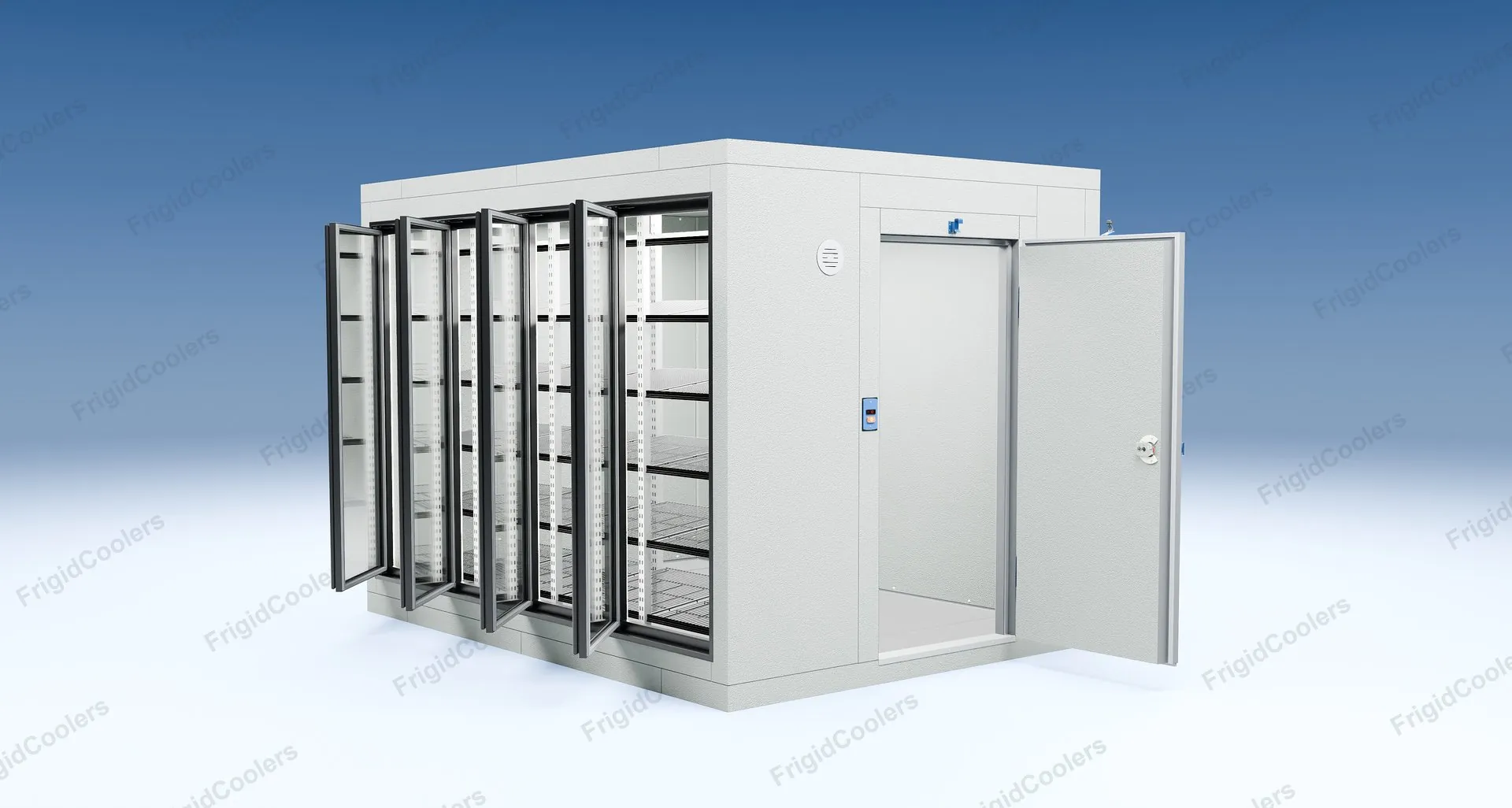 3D view of an 8 by 11 foot glass door walk-in freezer from a real quote, with four glass doors and the entry door open