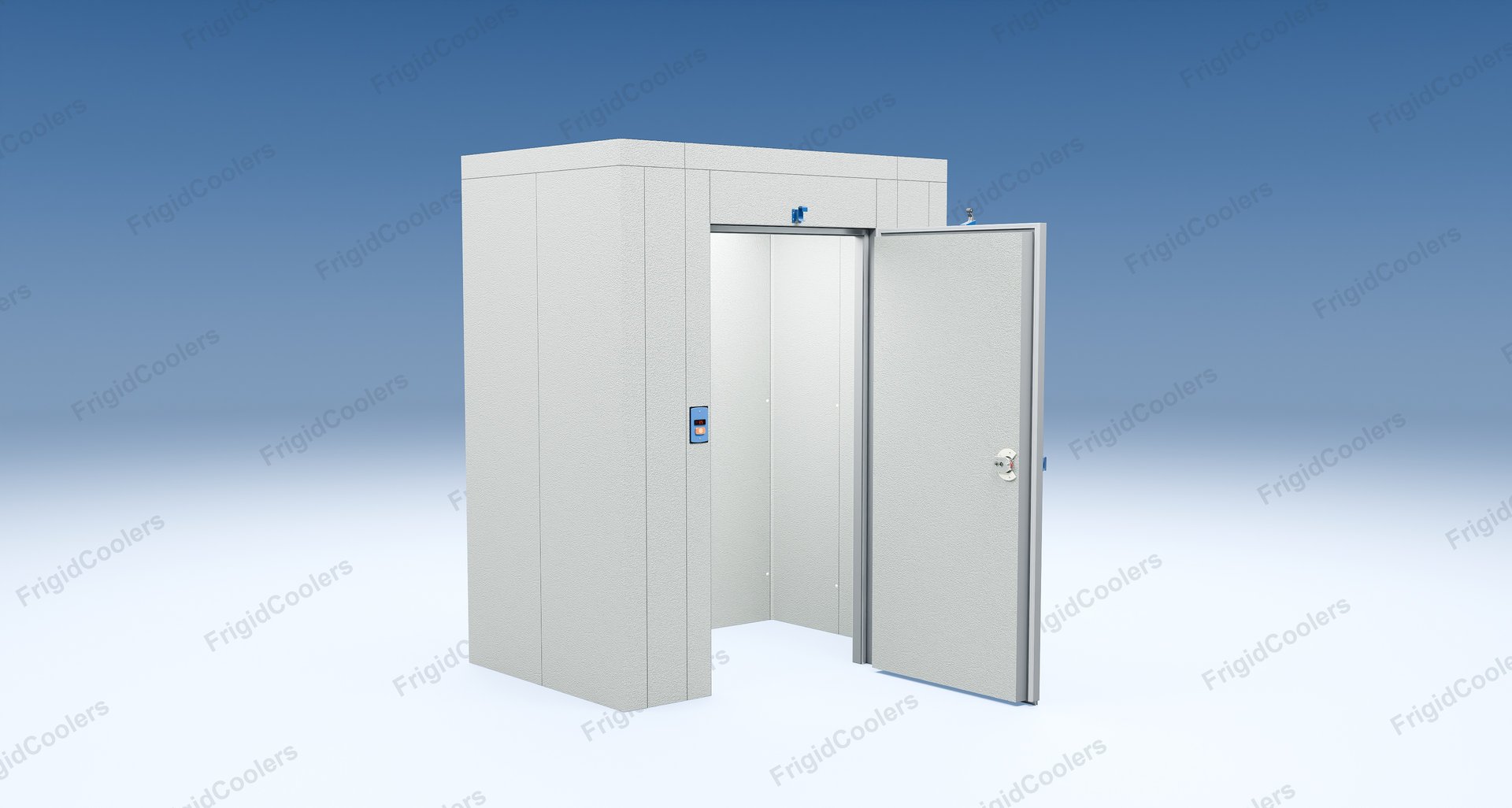 3D view of a 4 by 6 foot walk-in cooler from a real quote, with the entry door open