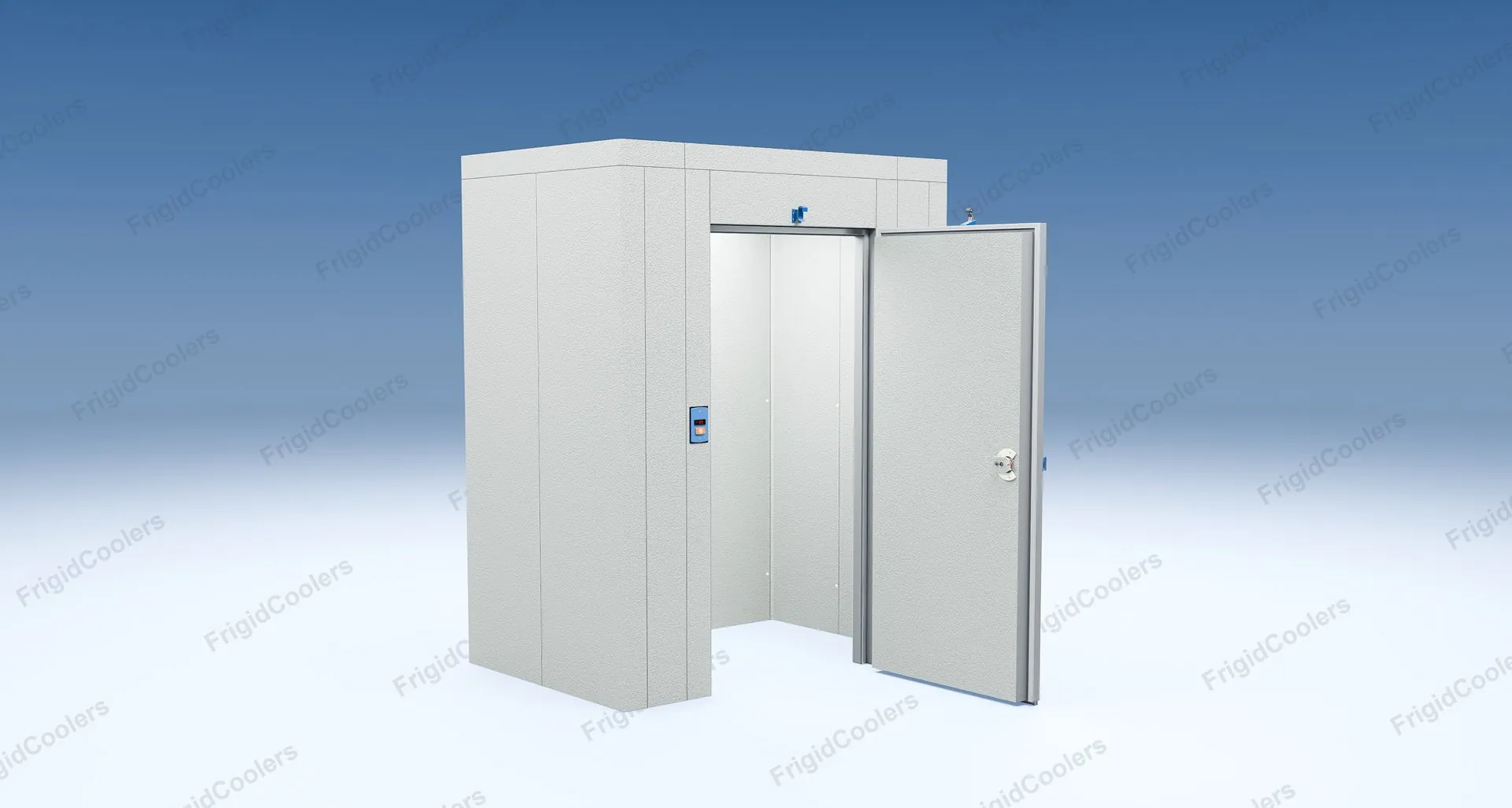 3D view of a 4 by 6 foot walk-in cooler from a real quote, with the entry door open