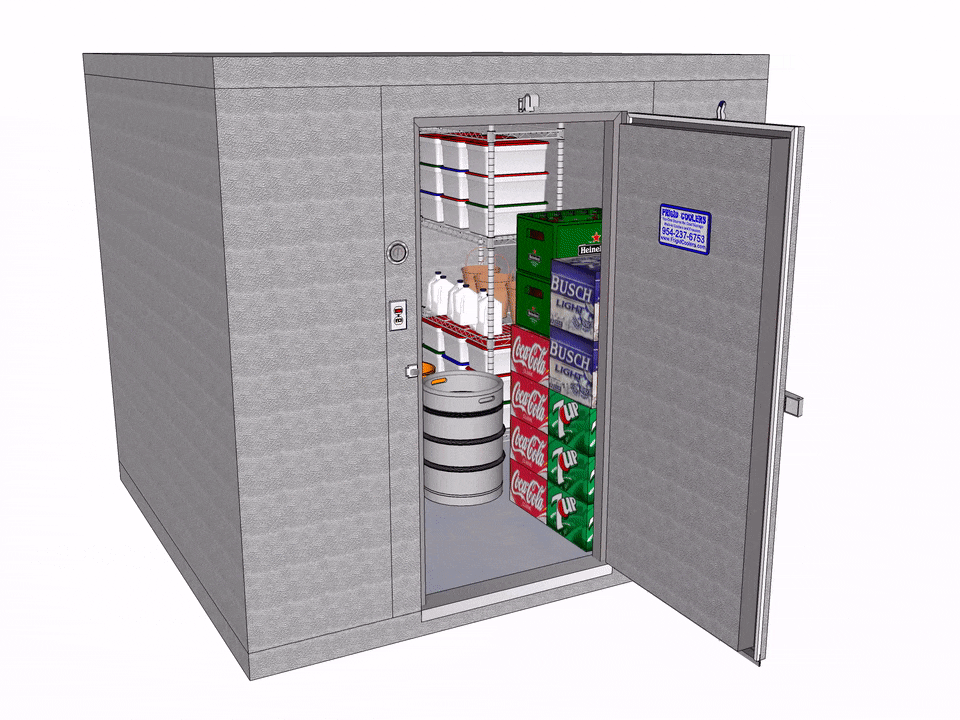 Rendering of a stocked walk-in cooler with the door open